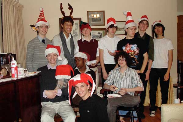 students wearing Christmas hats