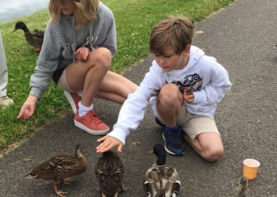 Two children feeding ducks